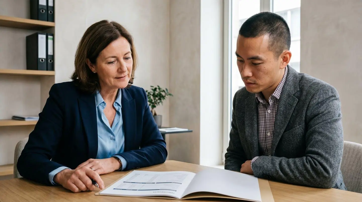 Conseiller en gestion de patrimoine belge expliquant un tableau de calcul de rendement immobilier à un client investisseur dans un bureau professionnel contemporain