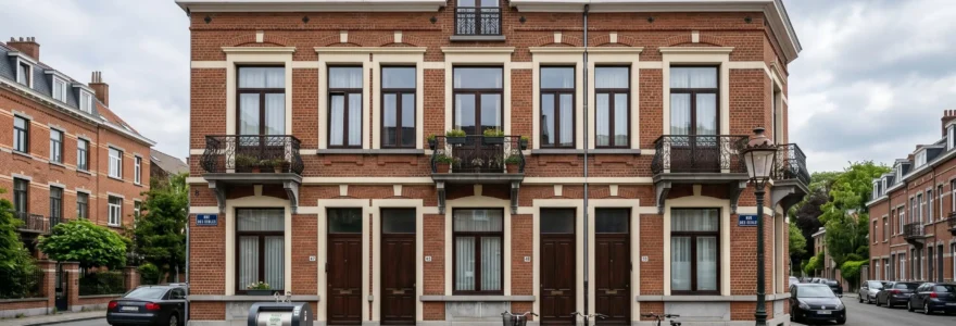 Immeuble résidentiel typique de 3 étages avec façade en briques rouges et balcons en fer forgé dans une rue calme d'une ville belge moyenne, sous un ciel légèrement nuageux