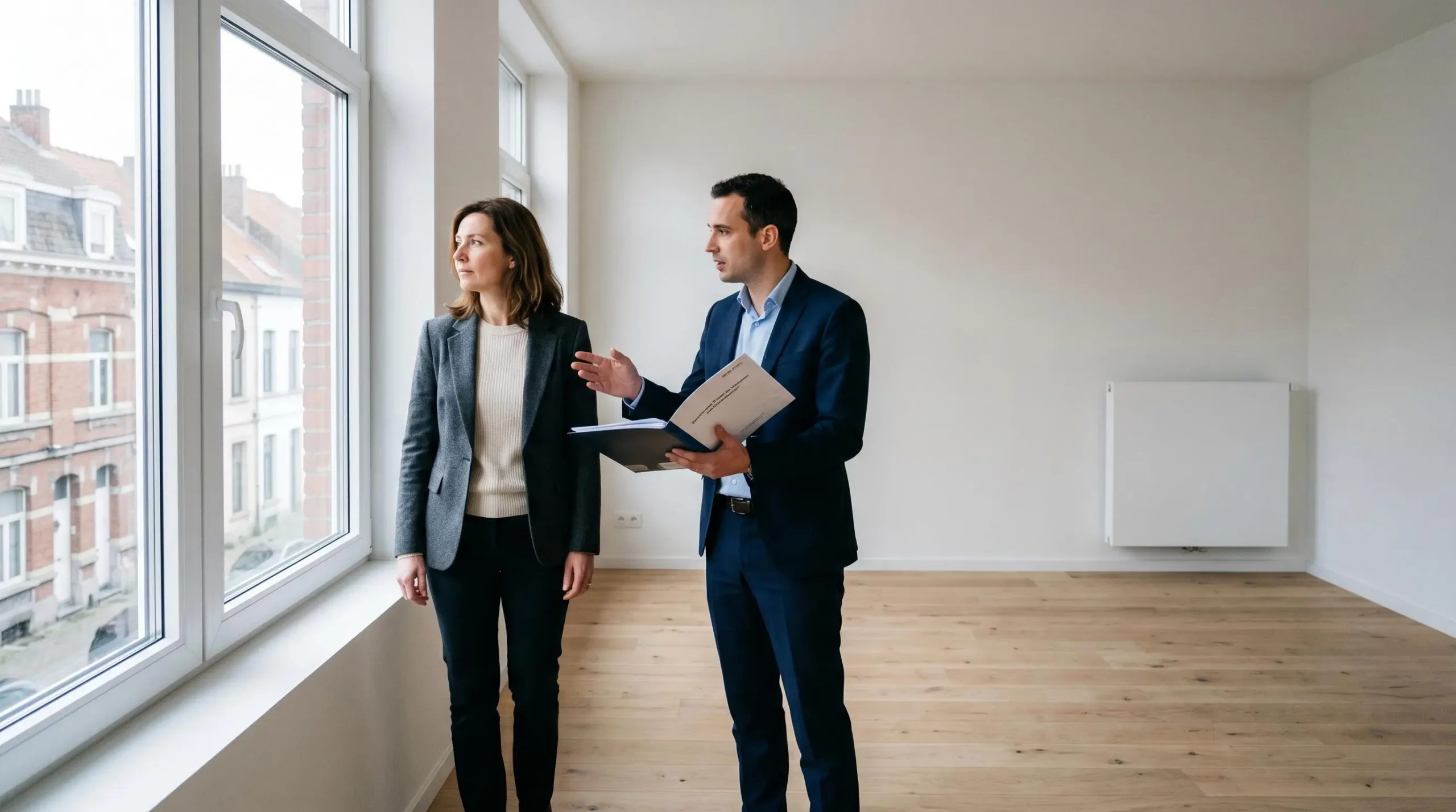 Investisseur accompagné d'un agent immobilier visitant un appartement vide et lumineux avec parquet clair et grandes fenêtres, dans un contexte de transaction immobilière en Belgique